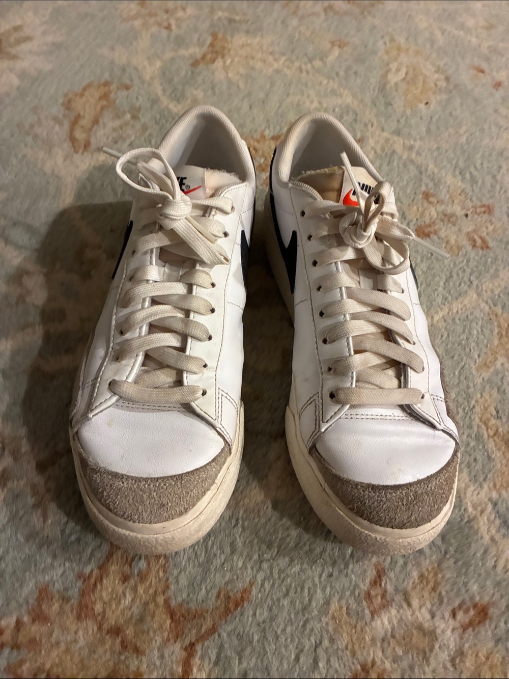 Nike Women’s White Sneakers with Black Swoosh and Tan Suede Toe